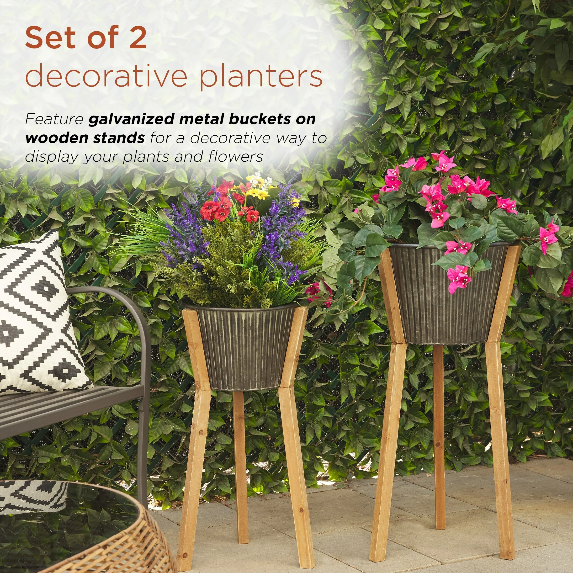 Best Sale β Alpine Corporation Indoor/Outdoor Metal Planters With Wooden Stands And Drainage Holes (Set Of 2) π - Image 4