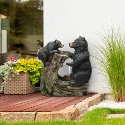 New 👍 Alpine Corporation 26" Tall Bear And Cub With Tree Fountain Yard Statue Decoration 😉