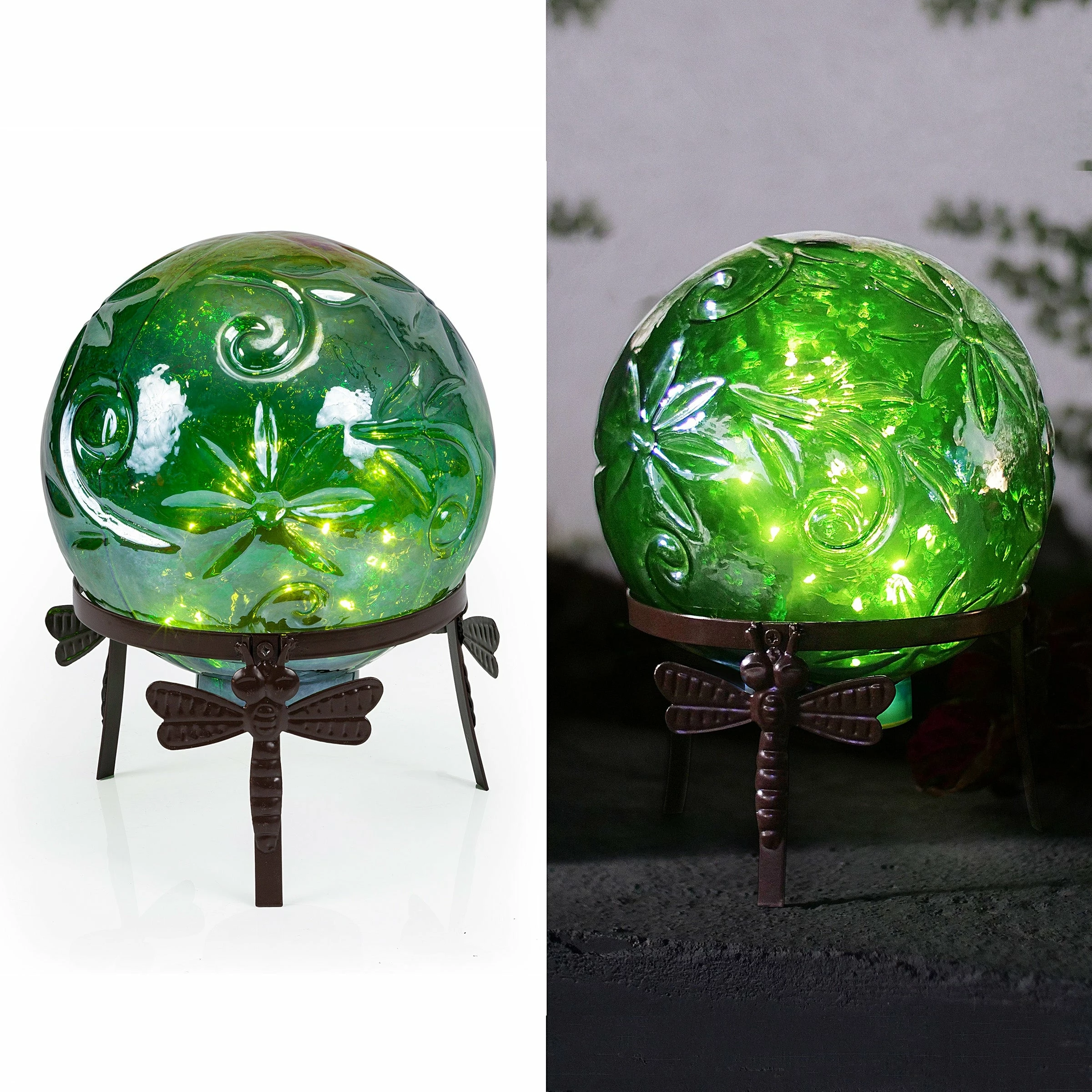 Coupon π Alpine Corporation 13" Tall Indoor/Outdoor Pearlized Green Glass LED Gazing Globe With Stand 𧨠- Image 2