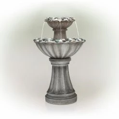 Cheapest ⌛ Alpine Corporation 24" Tall Vintage Old World Pedestal Fountain Yard Art Décor With Pebble Inlay 🔥 -Alpine Corporation Sales Alpine Grey Two Tier Pedestal Fountain2C 24 Inch Tall 2