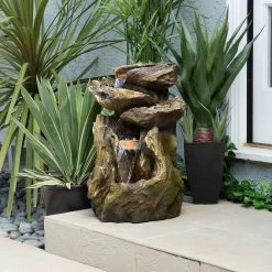 Buy π Alpine Corporation 22" Tall Outdoor Four-Tier Rainforest Log Waterfall Fountain With LED Lights π―
