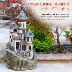 Cheap 😍 Alpine Corporation 35" Tall Outdoor Tower Castle Fountain With Color Changing LED Lights Yard Art Decoration 🌟 -Alpine Corporation Sales Alpine Tower Castle Fountain w LED Lights2C 35 Inch Tall 3
